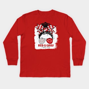 Red and Gray Vibes Only Football Mom Messy Hair Gameday Kids Long Sleeve T-Shirt